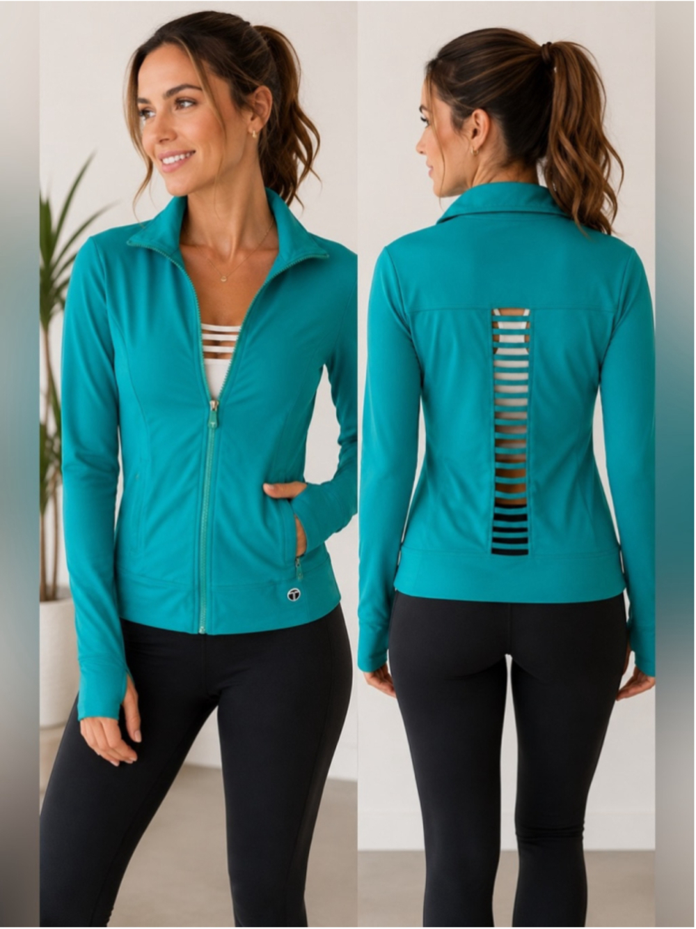 Trina Turk Teal Zip-Front Active Jacket with Back Slit Detail Size S Athleisure
